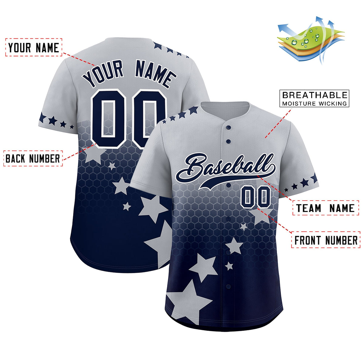 Custom Gray Navy White Rising Stars Series Gradient Fashion Baseball Jersey| KXKSHOP