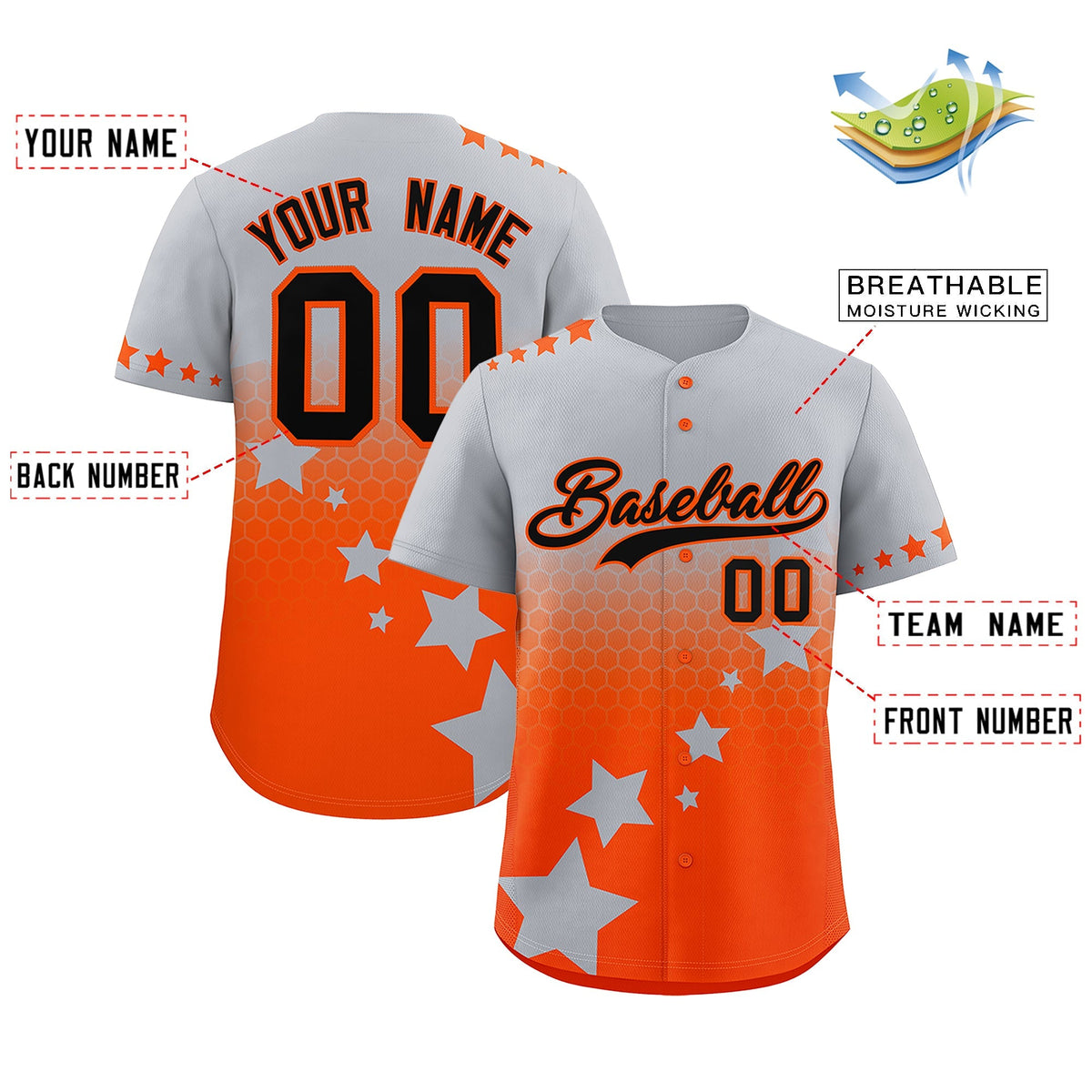 Custom Gray Orange Black Rising Stars Series Gradient Fashion Baseball Jersey| KXKSHOP
