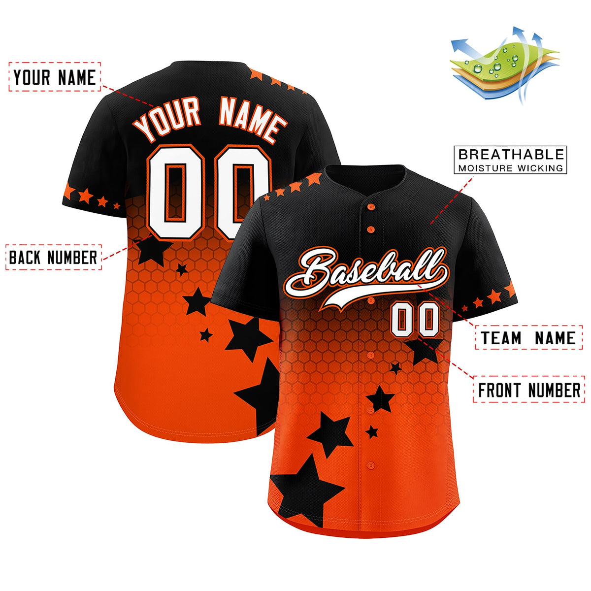 Custom Black Orange White Rising Stars Series Gradient Fashion Baseball Jersey| KXKSHOP