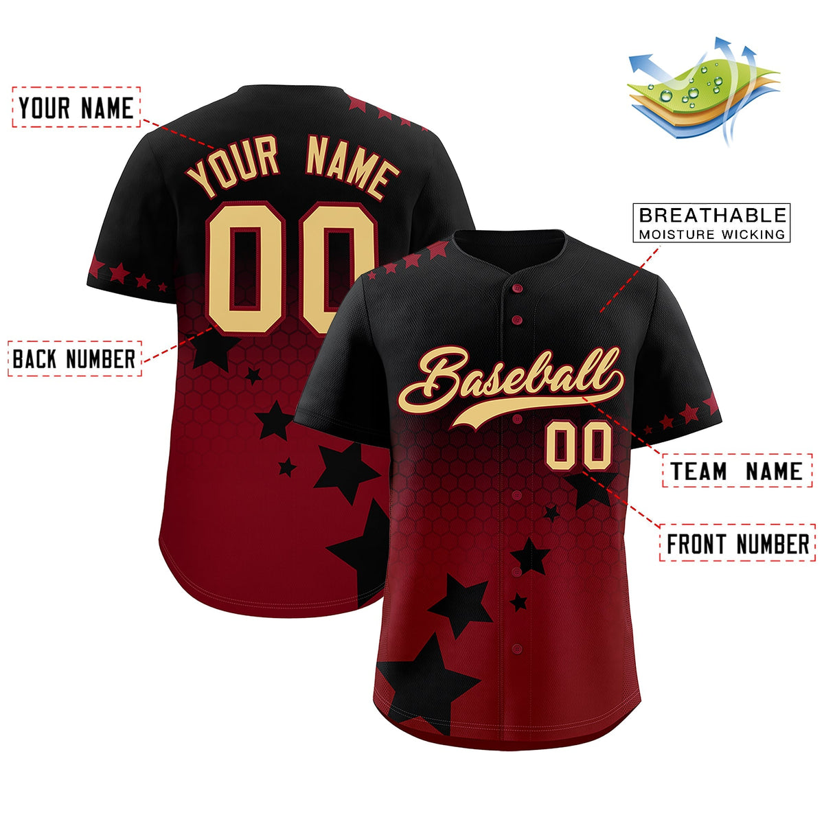 Custom Black Crimson Khaki Rising Stars Series Gradient Fashion Baseball Jersey| KXKSHOP