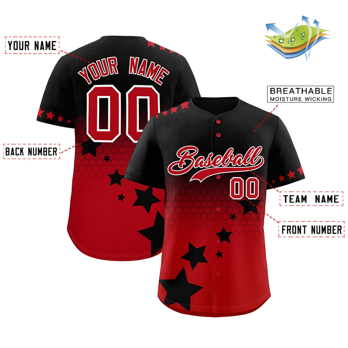 Custom Black Red White Rising Stars Series Gradient Fashion Baseball Jersey| KXKSHOP