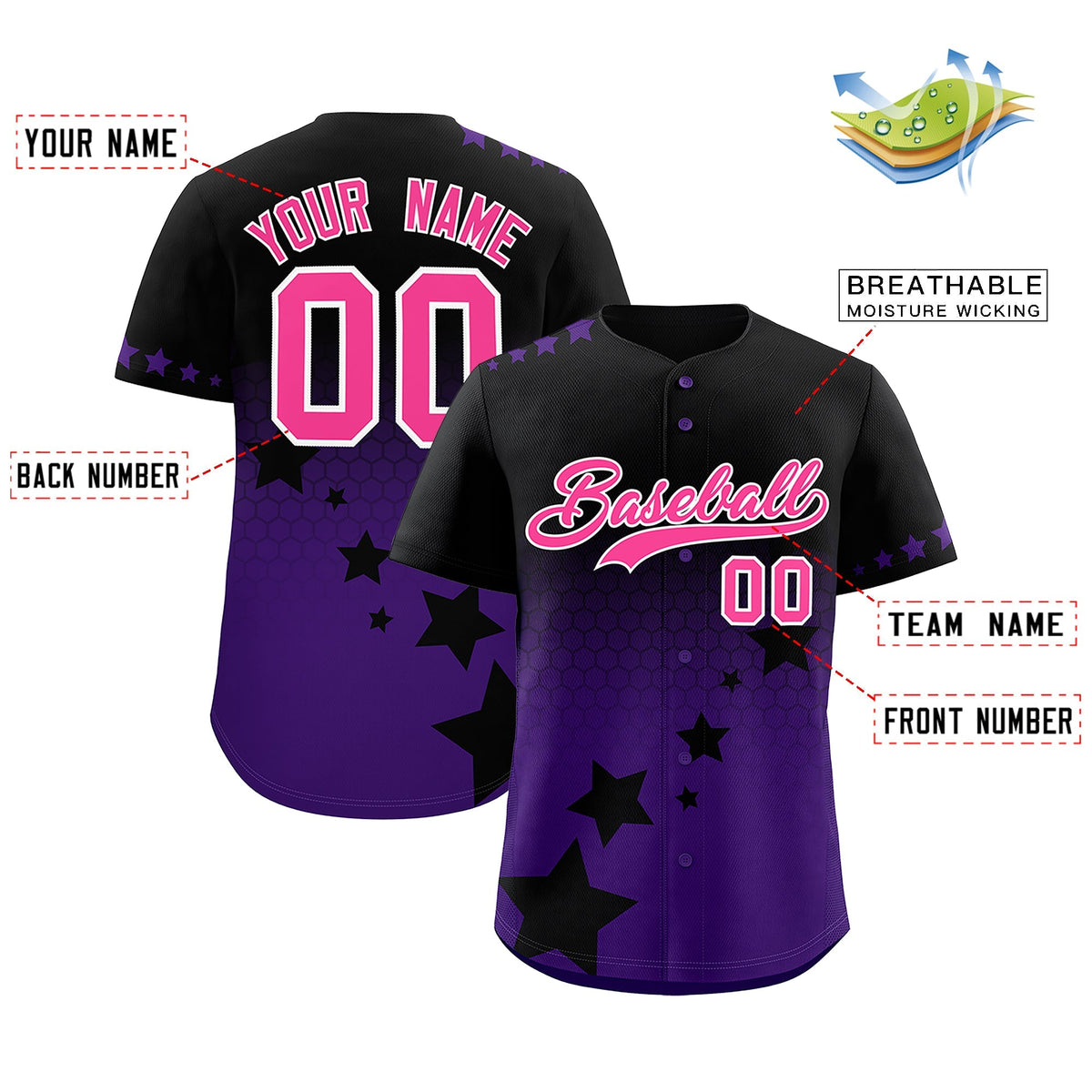 Custom Black Purple Pink Rising Stars Series Gradient Fashion Baseball Jersey| KXKSHOP