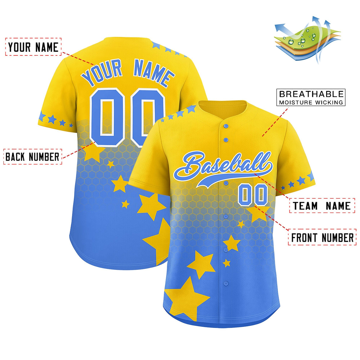 Custom Gold Powder Blue White Rising Stars Series Gradient Fashion Baseball Jersey| KXKSHOP
