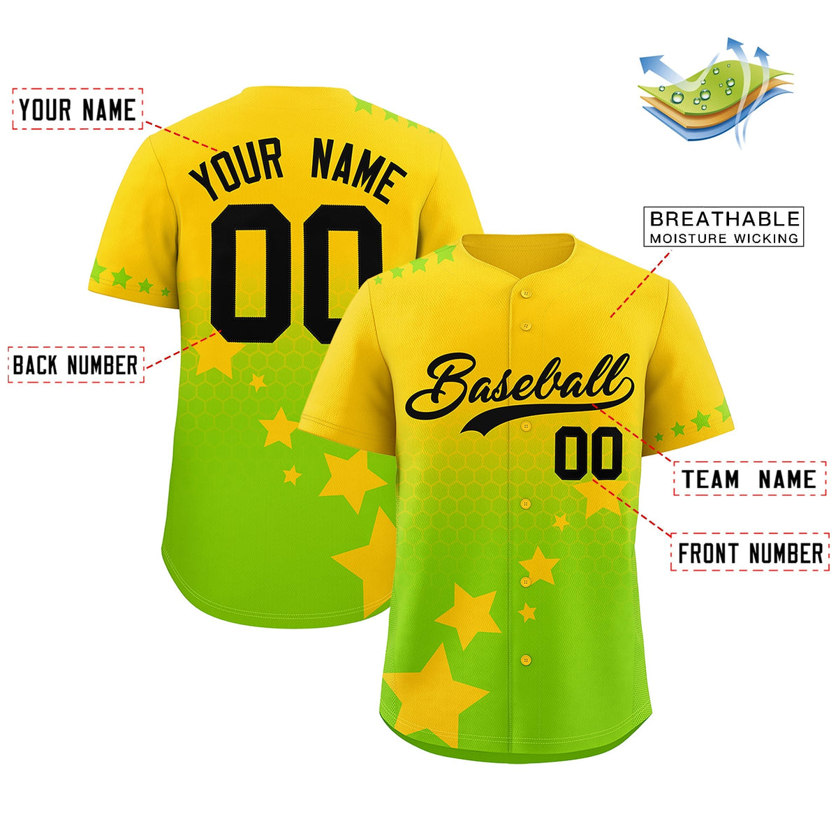 Custom Gold Neon Green Black Rising Stars Series Gradient Fashion Baseball Jersey| KXKSHOP
