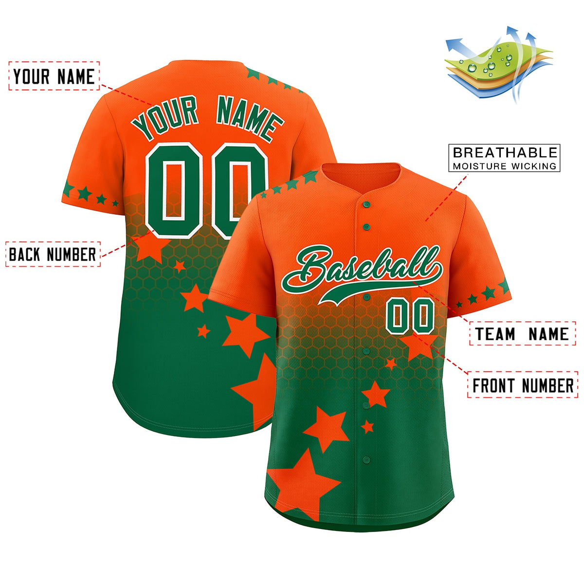 Custom Orange Kelly Green White Rising Stars Series Gradient Fashion Baseball Jersey| KXKSHOP