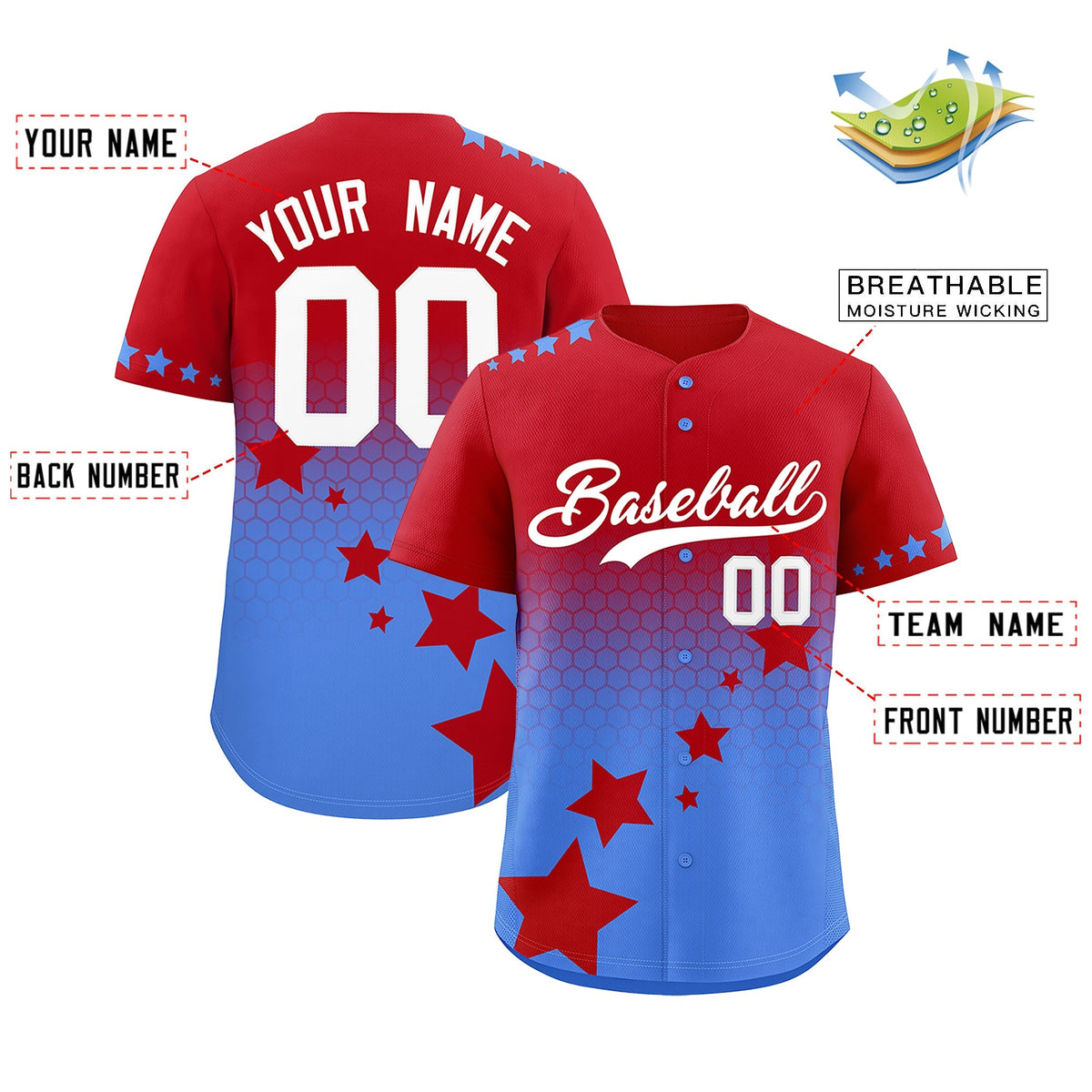 Custom Red Powder Blue White Rising Stars Series Gradient Fashion Baseball Jersey| KXKSHOP