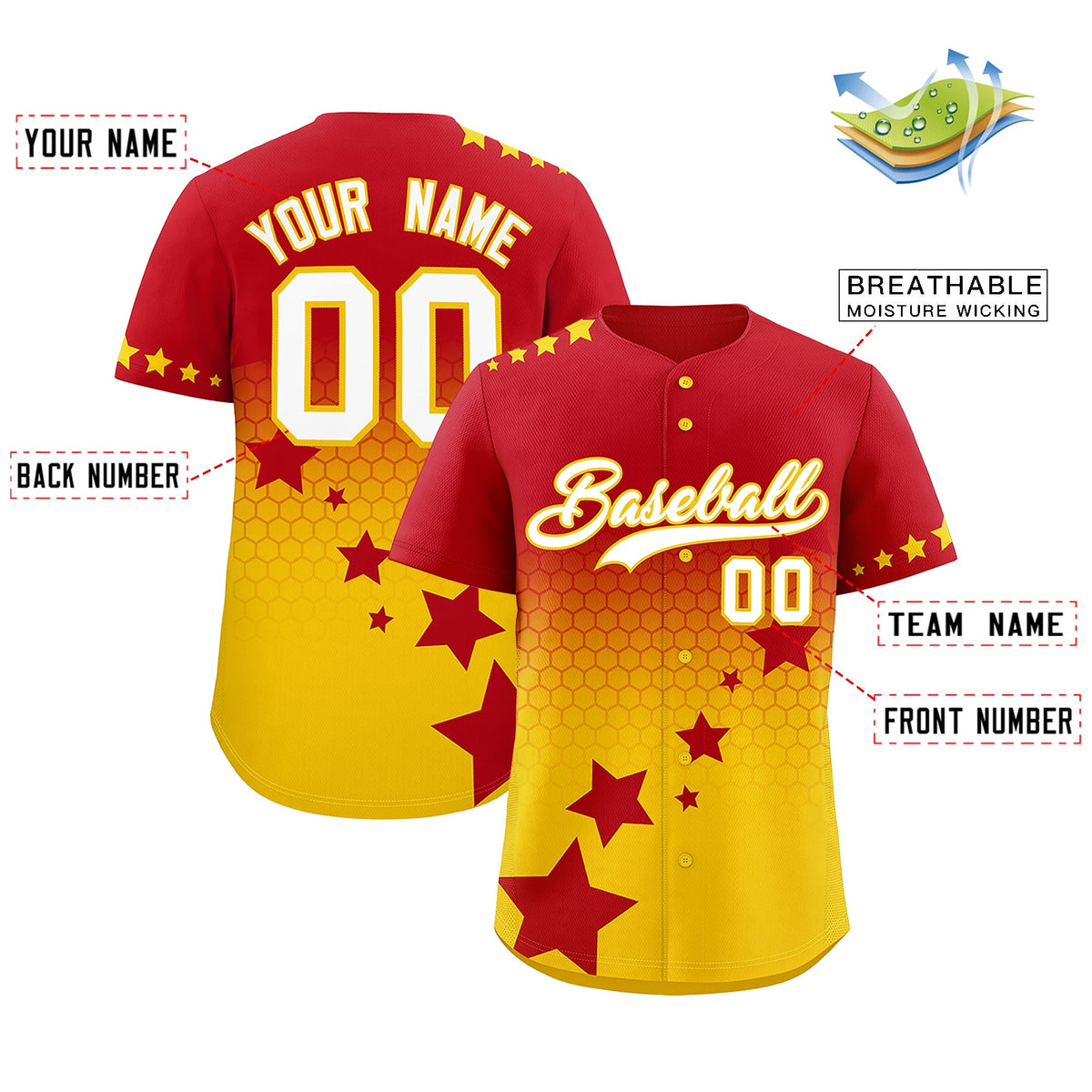Custom Red Gold White Rising Stars Series Gradient Fashion Baseball Jersey| KXKSHOP