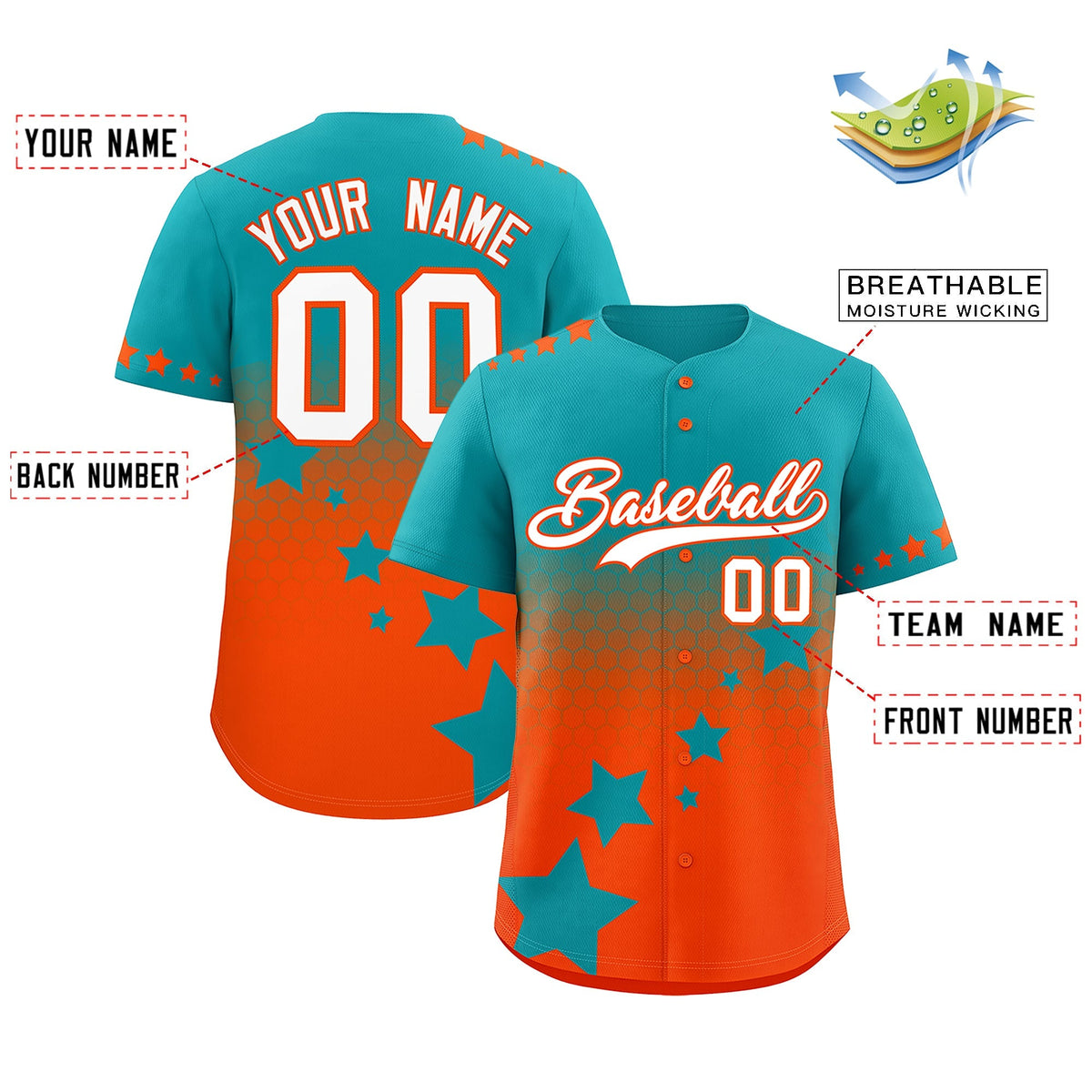 Custom Aqua Orange White Rising Stars Series Gradient Fashion Baseball Jersey| KXKSHOP