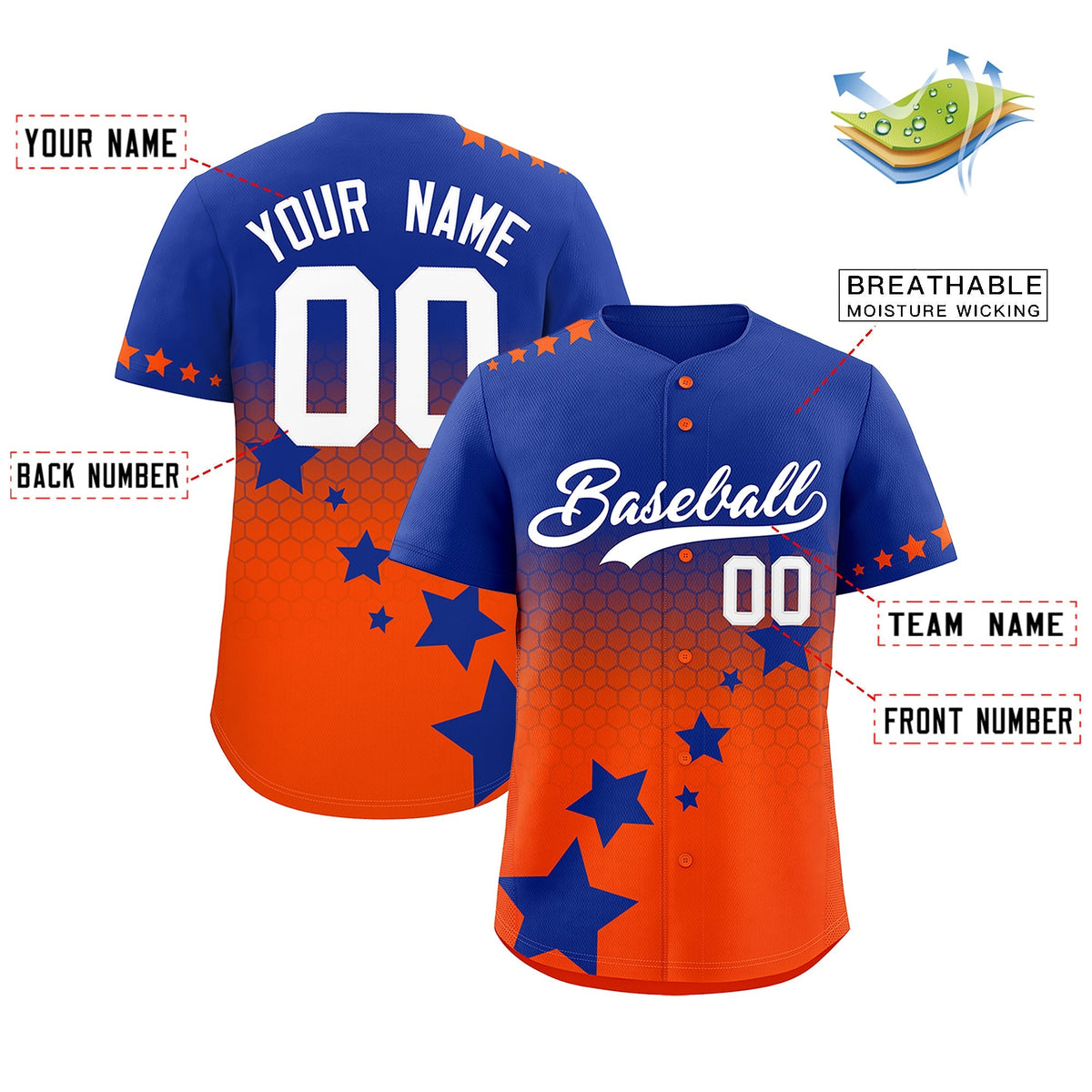 Custom Royal Blue Orange White Rising Stars Series Gradient Fashion Baseball Jersey| KXKSHOP