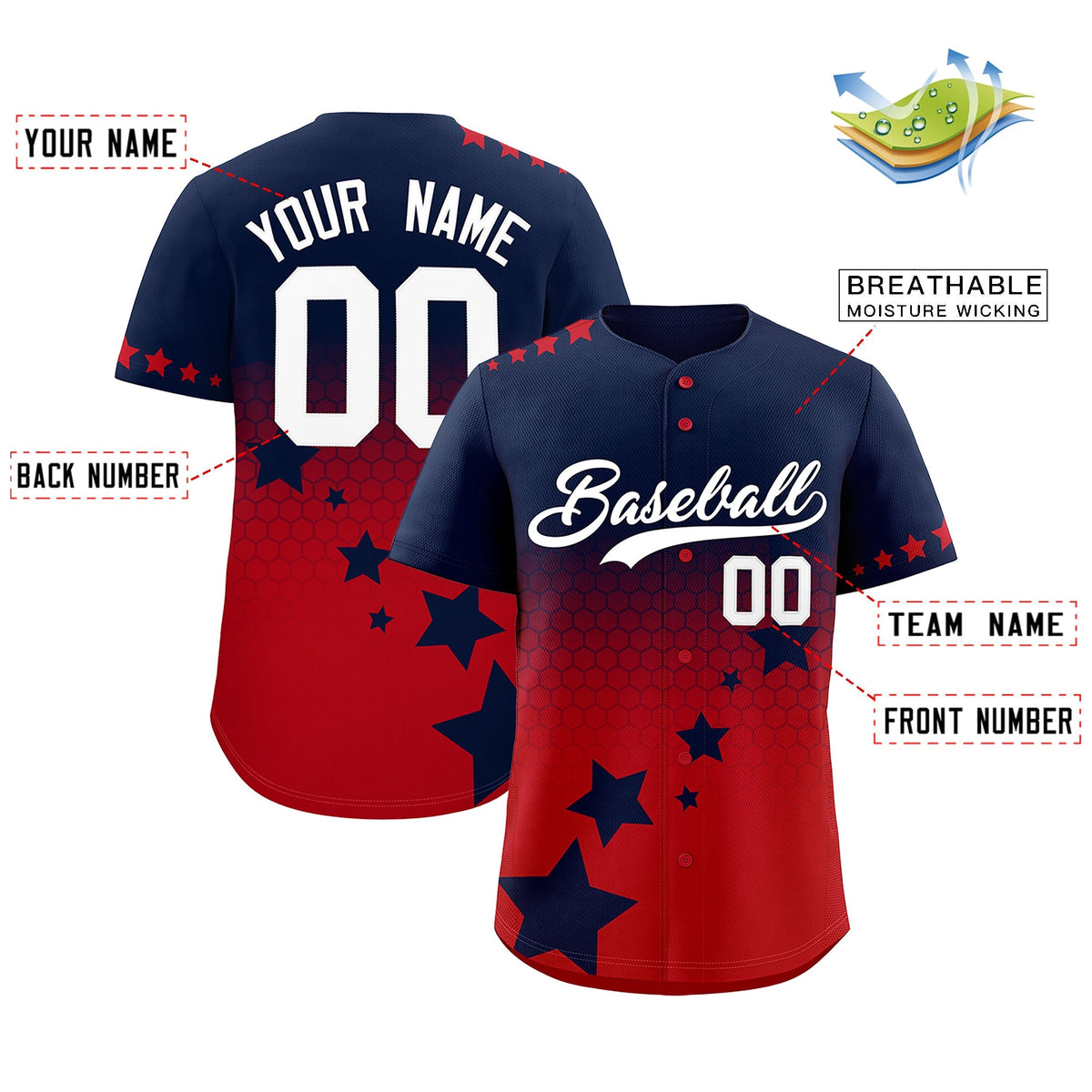Custom Navy Red White Rising Stars Series Gradient Fashion Baseball Jersey| KXKSHOP
