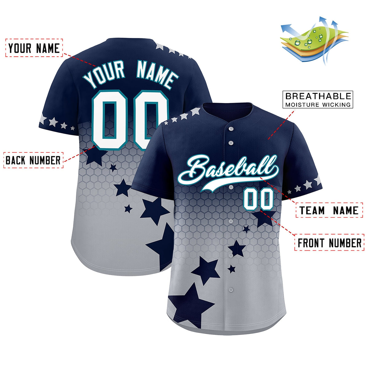 Custom Navy Gray White Rising Stars Series Gradient Fashion Baseball Jersey| KXKSHOP