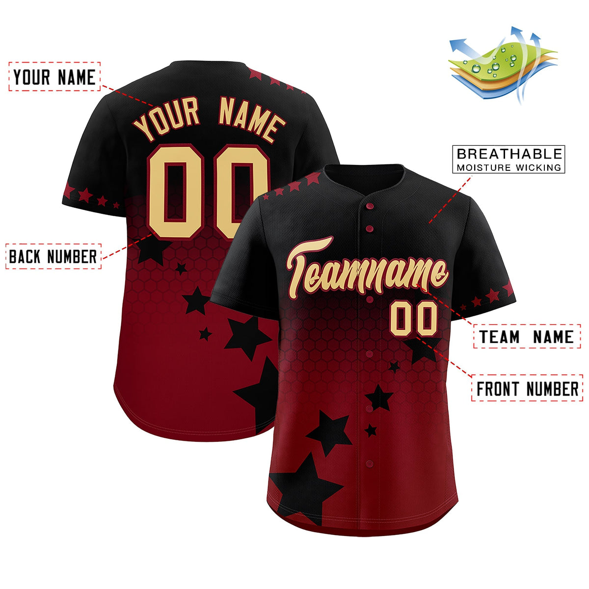 Custom Black Crimson Khaki Rising Stars Series Gradient Fashion Baseball Jersey| KXKSHOP