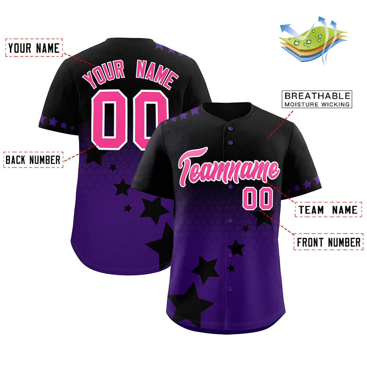 Custom Black Purple Pink Rising Stars Series Gradient Fashion Baseball Jersey| KXKSHOP