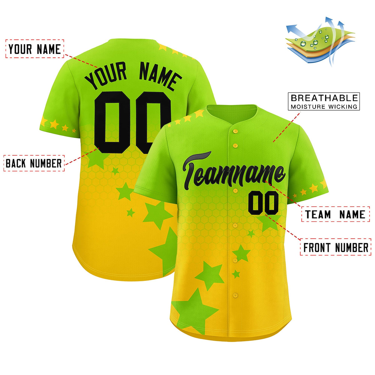 Custom Neon Green Gold Black Rising Stars Series Gradient Fashion Baseball Jersey| KXKSHOP