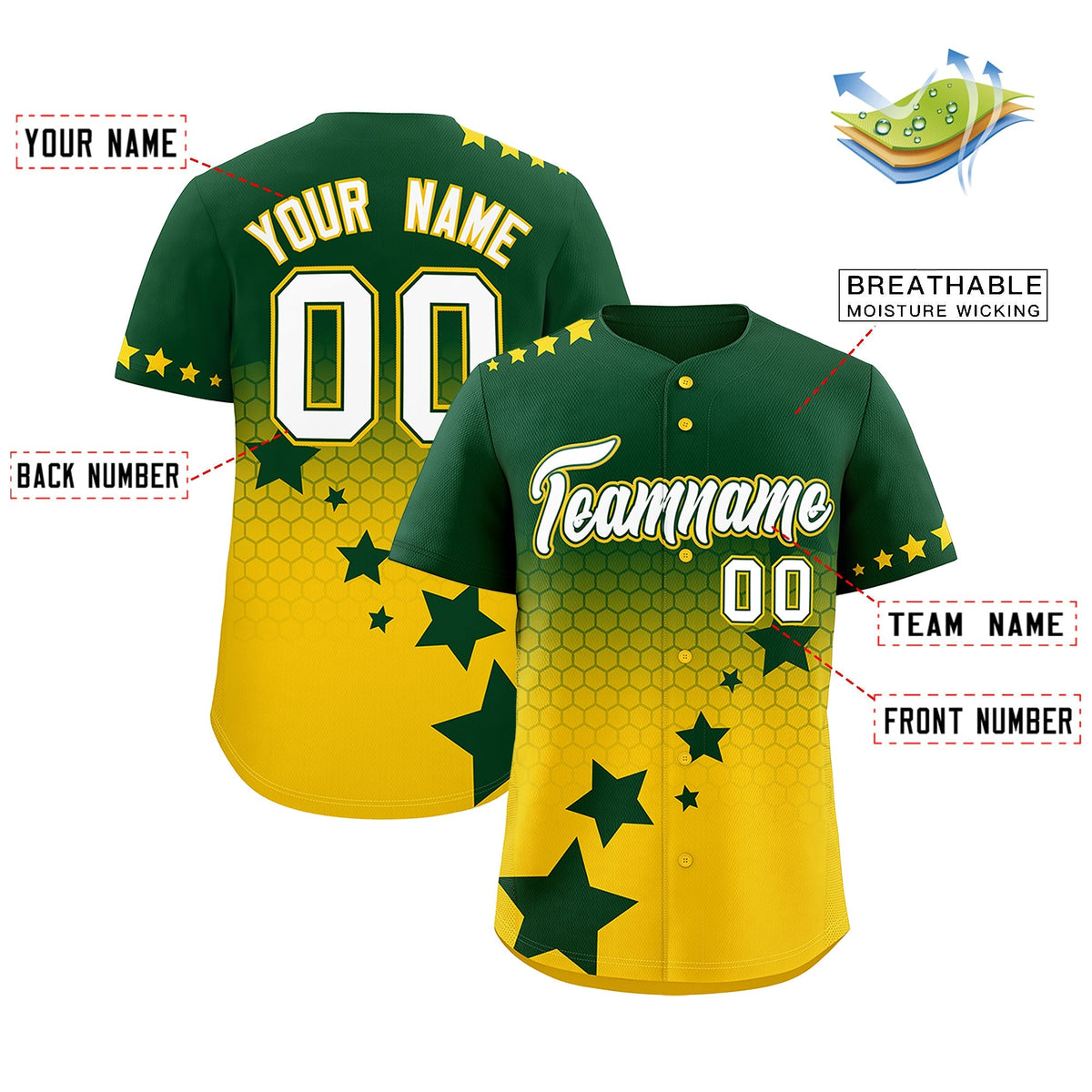 Custom Green Gold White Rising Stars Series Gradient Fashion Baseball Jersey| KXKSHOP