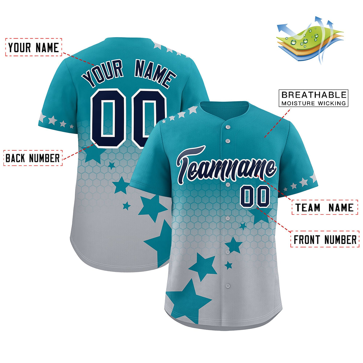 Custom Teal Gray Navy Rising Stars Series Gradient Fashion Baseball Jersey| KXKSHOP