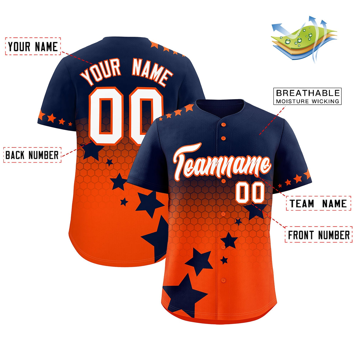 Custom Navy Orange White Rising Stars Series Gradient Fashion Baseball Jersey| KXKSHOP