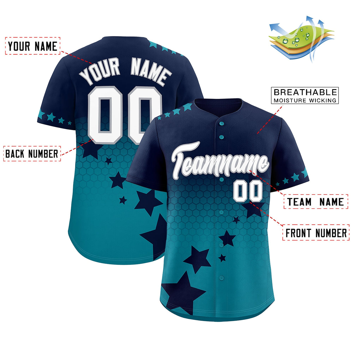 Custom Navy Teal White Rising Stars Series Gradient Fashion Baseball Jersey| KXKSHOP