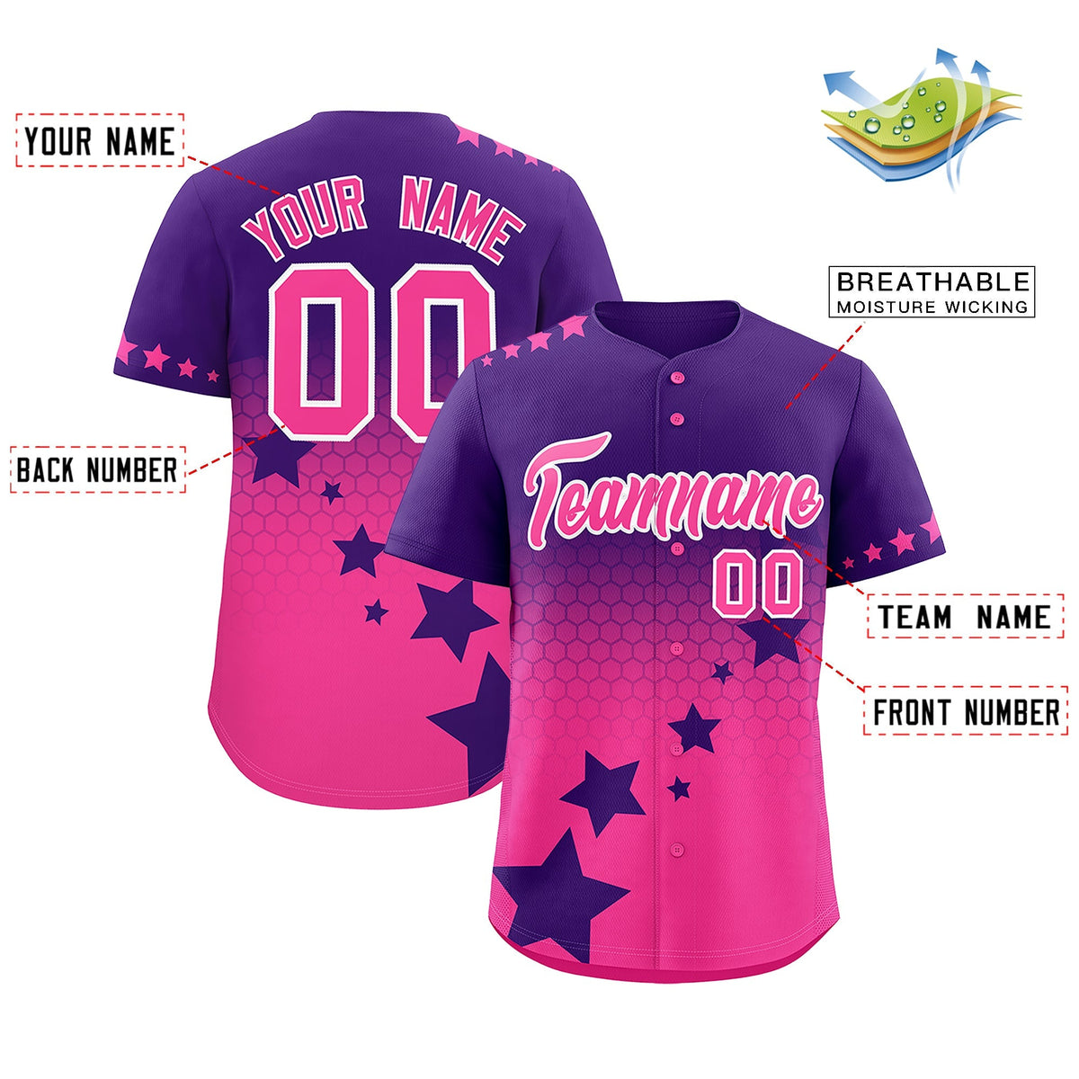 Custom Purple Pink White Rising Stars Series Gradient Fashion Baseball Jersey| KXKSHOP