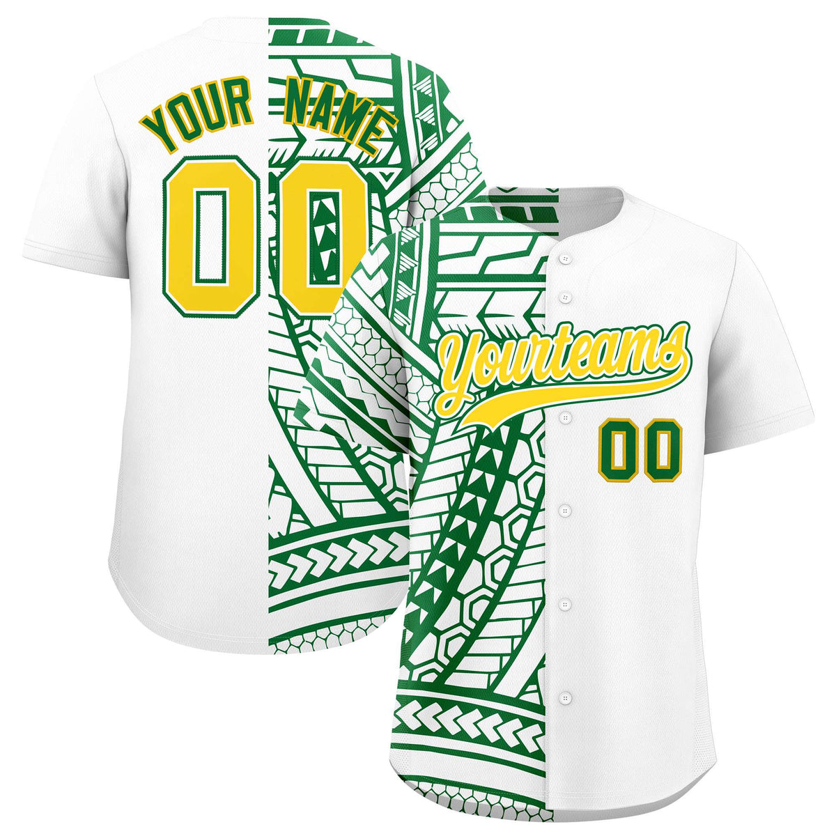 Custom White Kelly Green Split Fashion Tribal Pattern Authentic Baseball Jersey