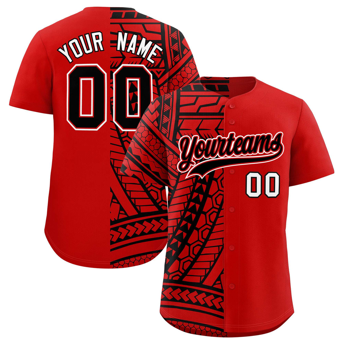Custom Red Black Split Fashion Tribal Pattern Authentic Baseball Jersey