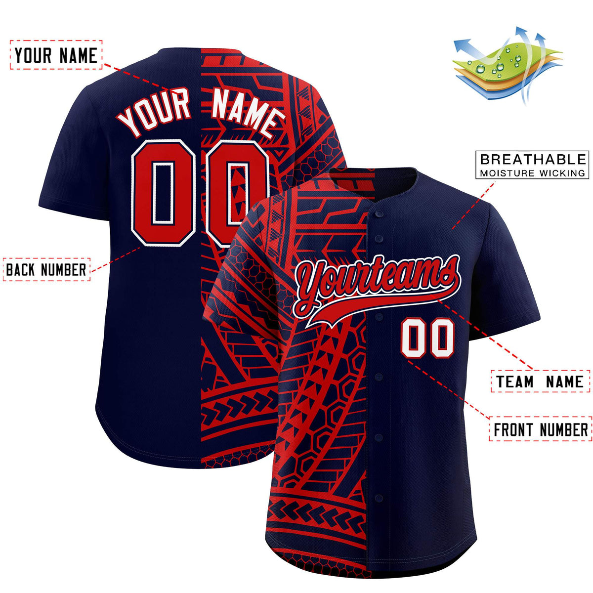 Custom Red Navy Split Fashion Tribal Pattern Authentic Baseball Jersey