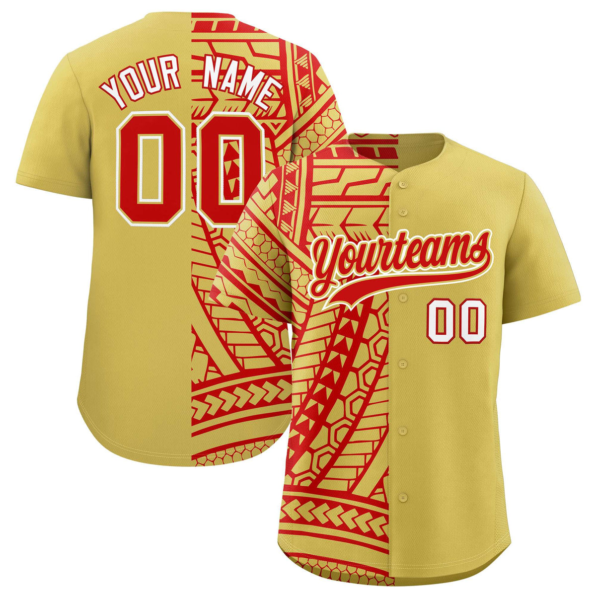 Custom Red Old Gold Split Fashion Tribal Pattern Authentic Baseball Jersey