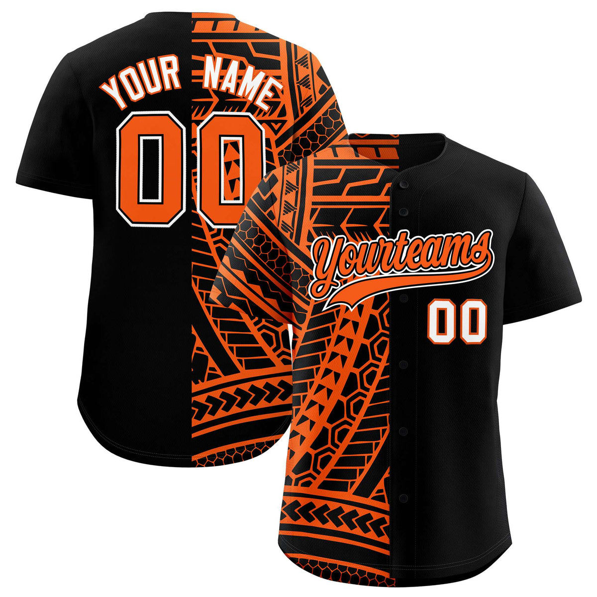 Custom Black Orange Split Fashion Tribal Pattern Authentic Baseball Jersey