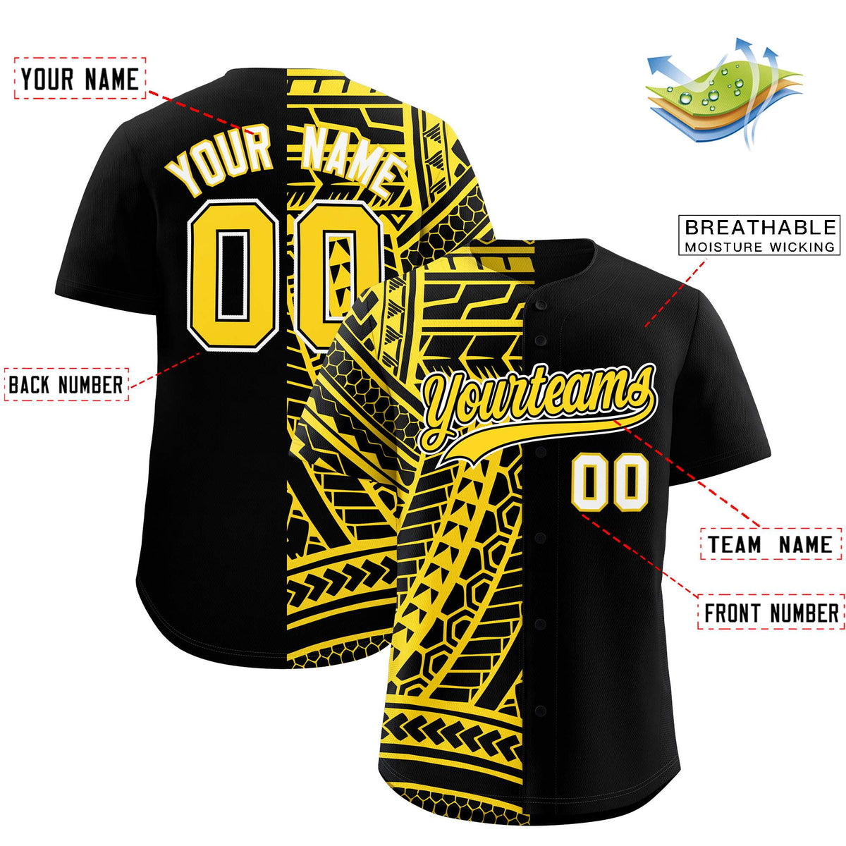 Custom Black Gold Split Fashion Tribal Pattern Authentic Baseball Jersey