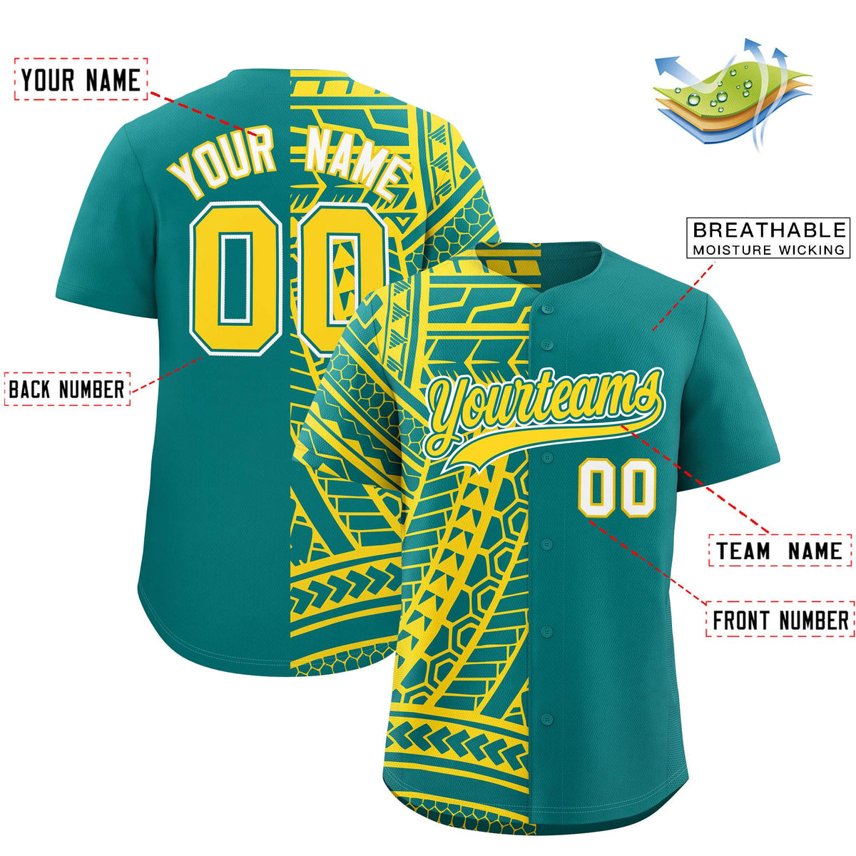 Custom Aqua Gold Split Fashion Tribal Pattern Authentic Baseball Jersey