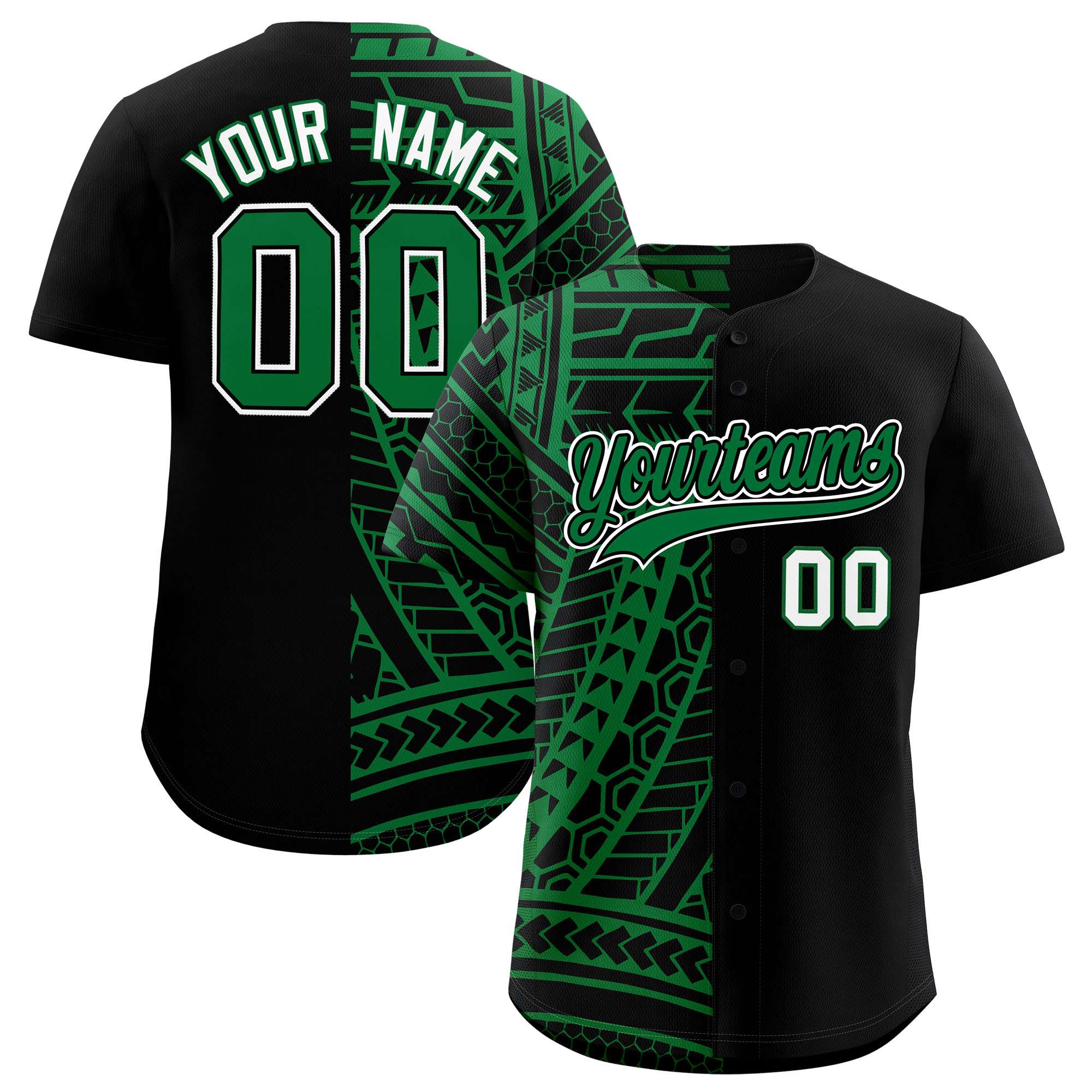Custom Black Kelly Green Split Fashion Tribal Pattern Authentic Baseball Jersey