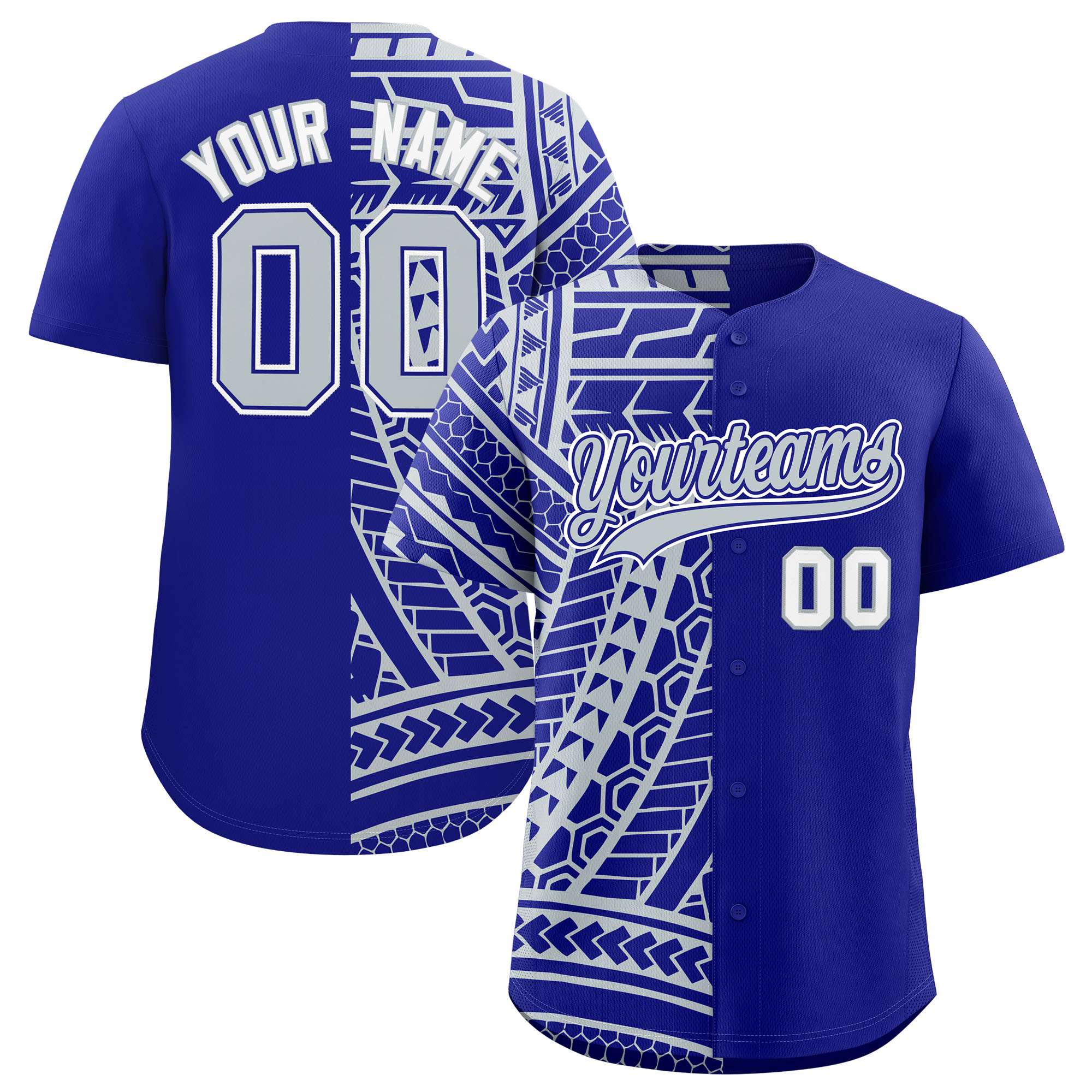 Custom Royal Silver Split Fashion Tribal Pattern Authentic Baseball Jersey