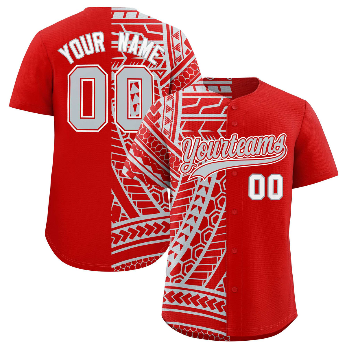 Custom Red Silver Split Fashion Tribal Pattern Authentic Baseball Jersey