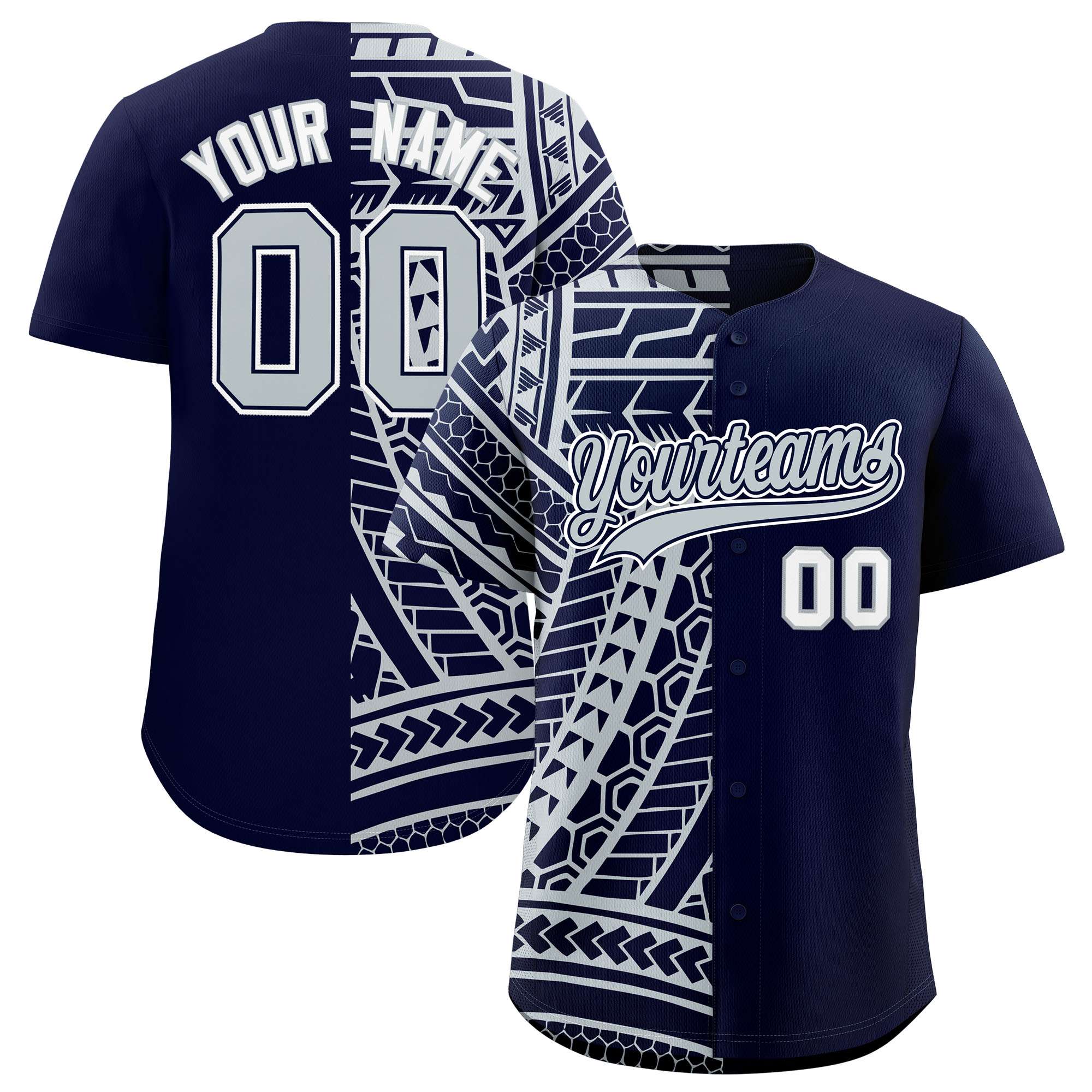 Custom Navy Silver Split Fashion Tribal Pattern Authentic Baseball Jersey