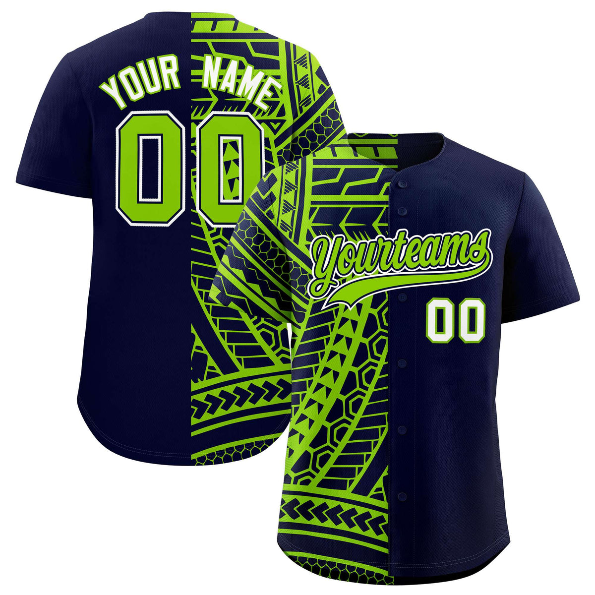 Custom Navy Neon Green Split Fashion Tribal Pattern Authentic Baseball Jersey