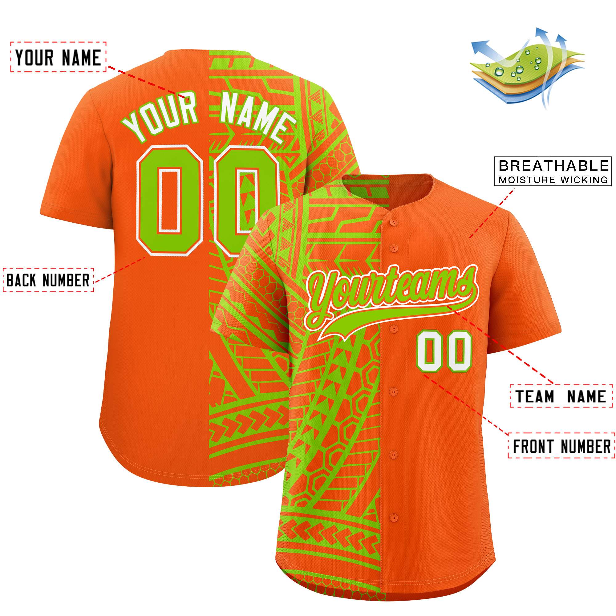 Custom Orange Neon Green Split Fashion Tribal Pattern Authentic Baseball Jersey