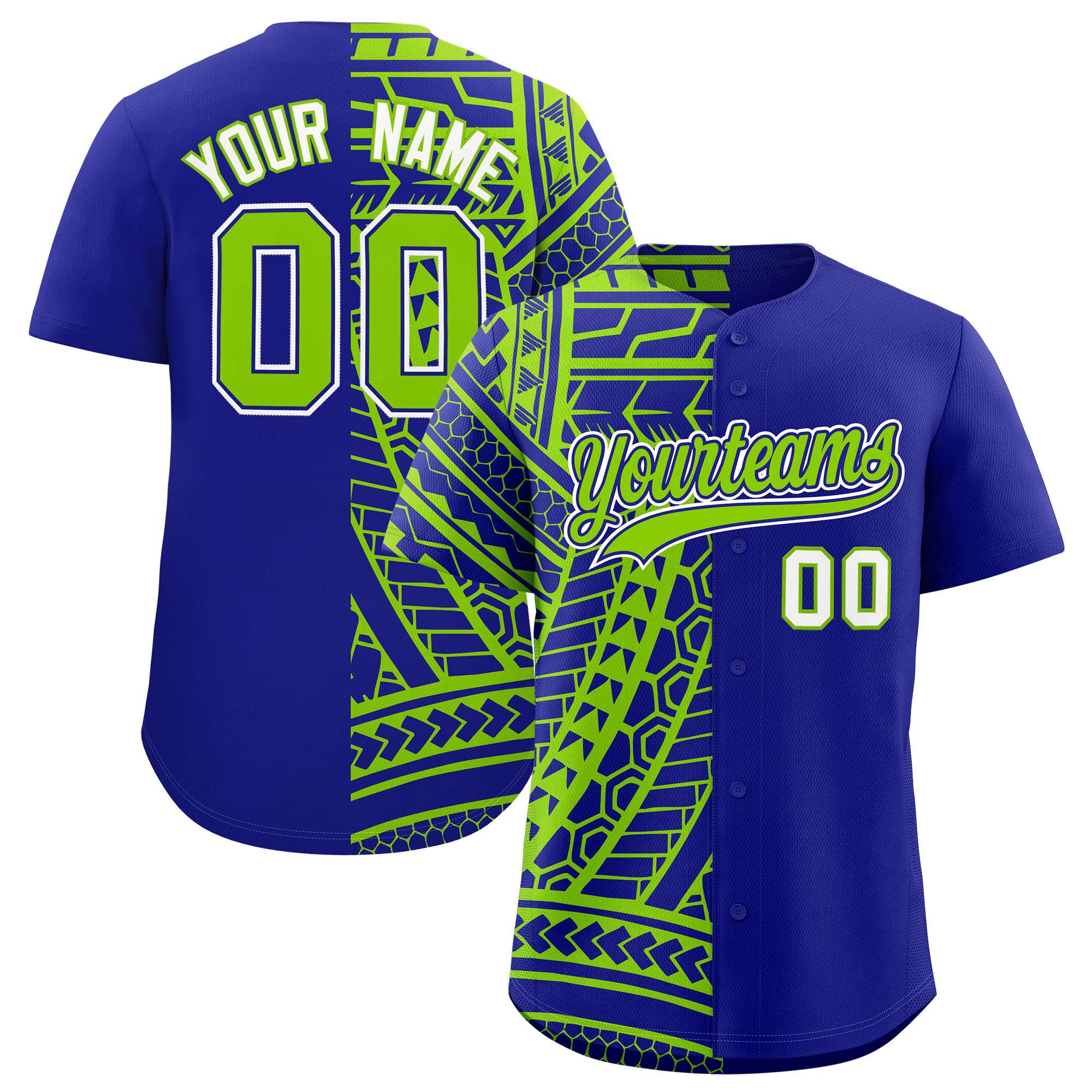 Custom Royal Neon Green Split Fashion Tribal Pattern Authentic Baseball Jersey