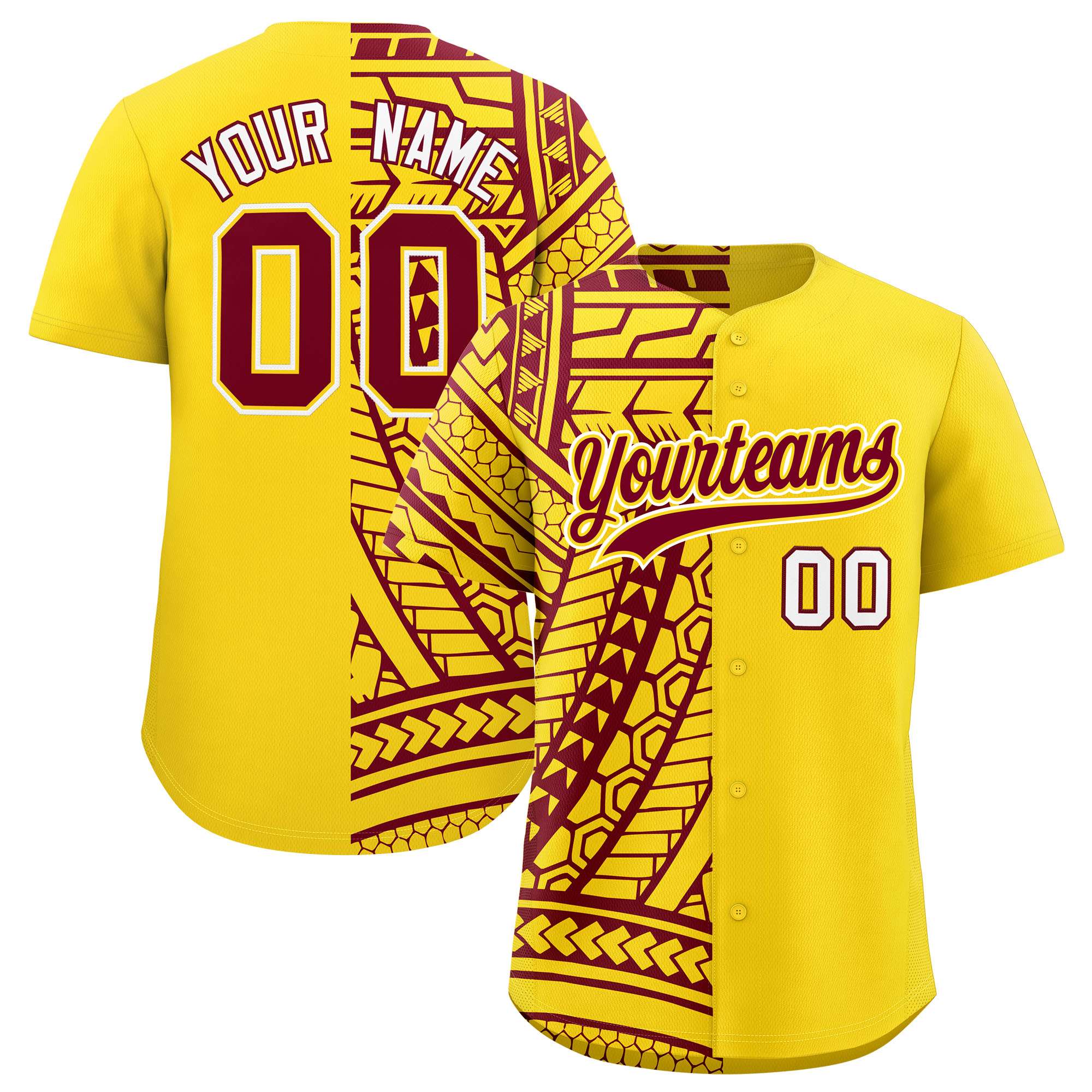 Custom Gold Crimson Split Fashion Tribal Pattern Authentic Baseball Jersey