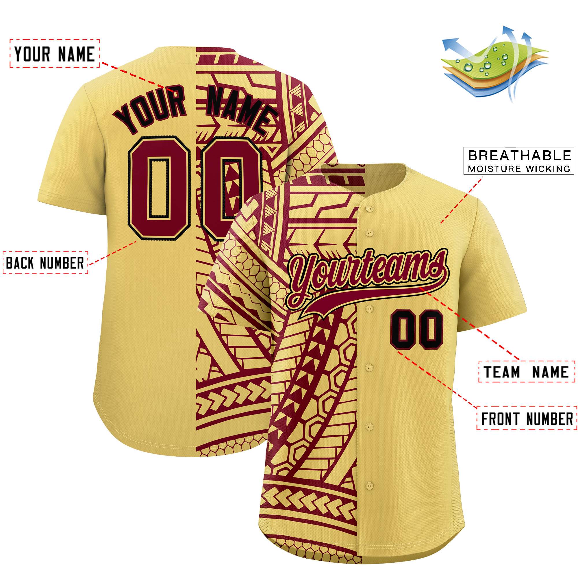 Custom Khaki Crimson Split Fashion Tribal Pattern Authentic Baseball Jersey