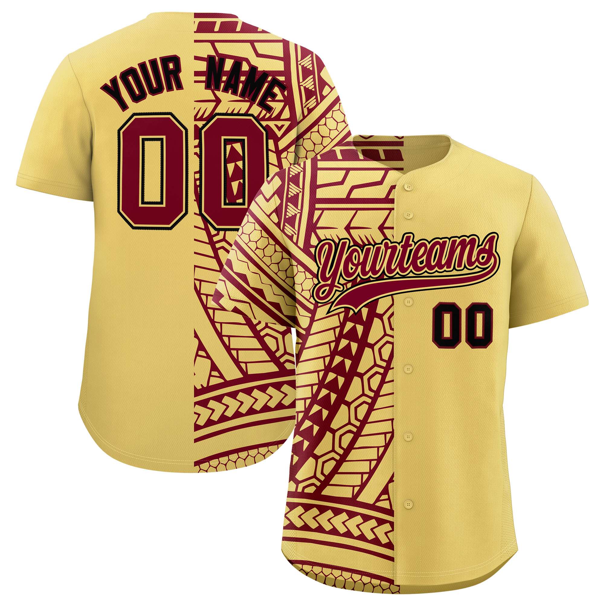 Custom Khaki Crimson Split Fashion Tribal Pattern Authentic Baseball Jersey