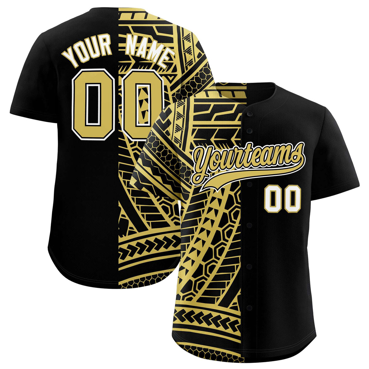 Custom Black Old Gold Split Fashion Tribal Pattern Authentic Baseball Jersey