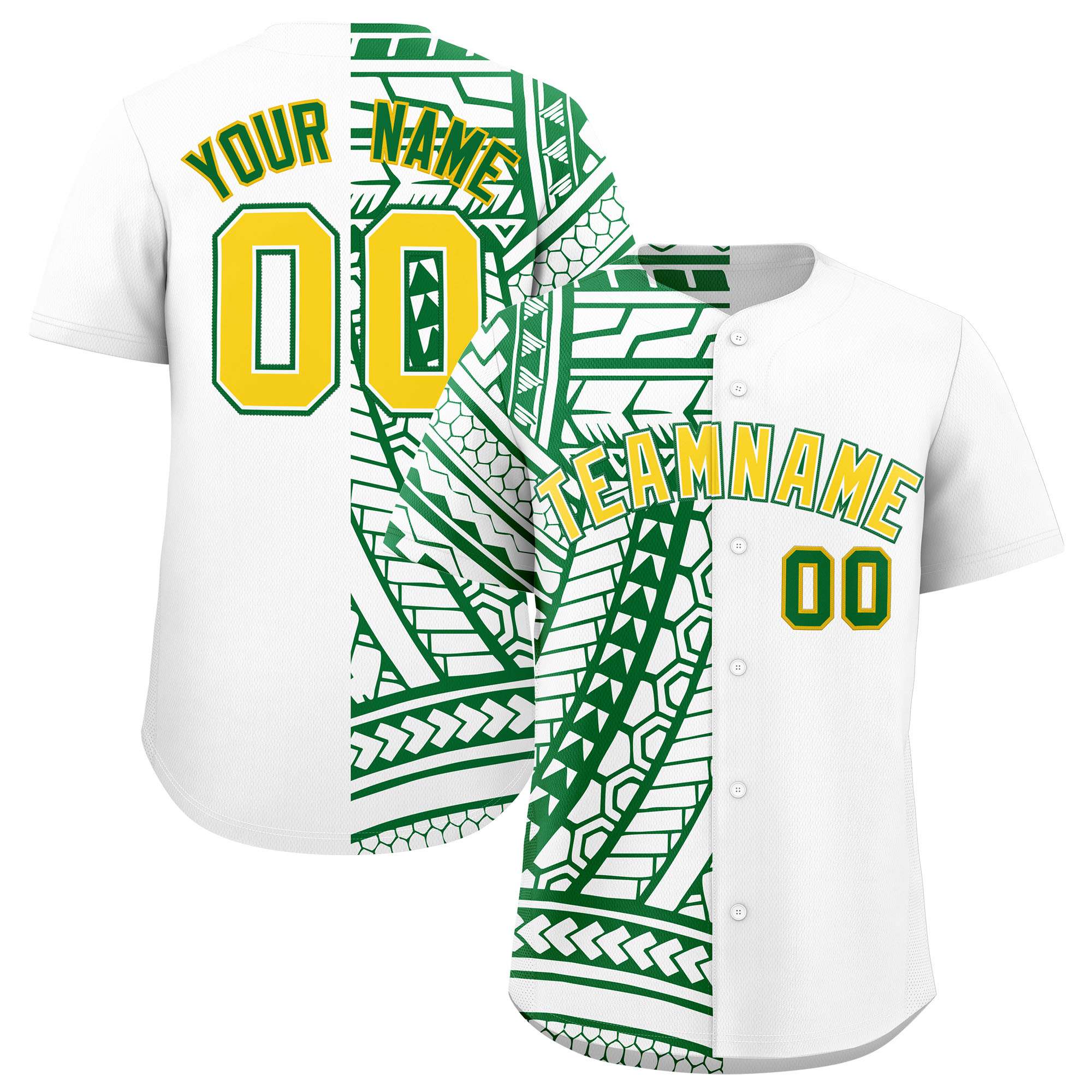 Custom White Kelly Green Split Fashion Tribal Pattern Authentic Baseball Jersey