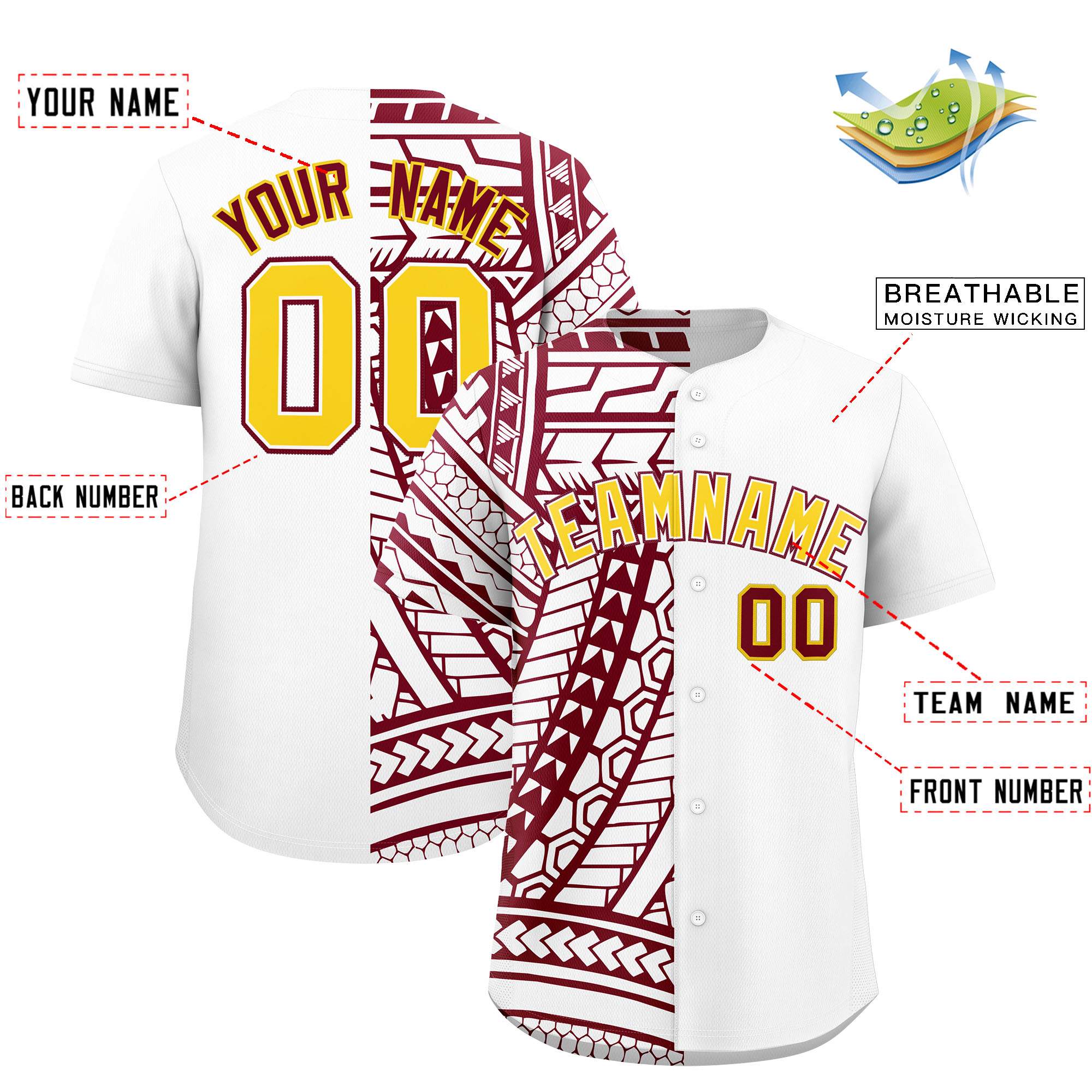 Custom White Crimson Split Fashion Tribal Pattern Authentic Baseball Jersey