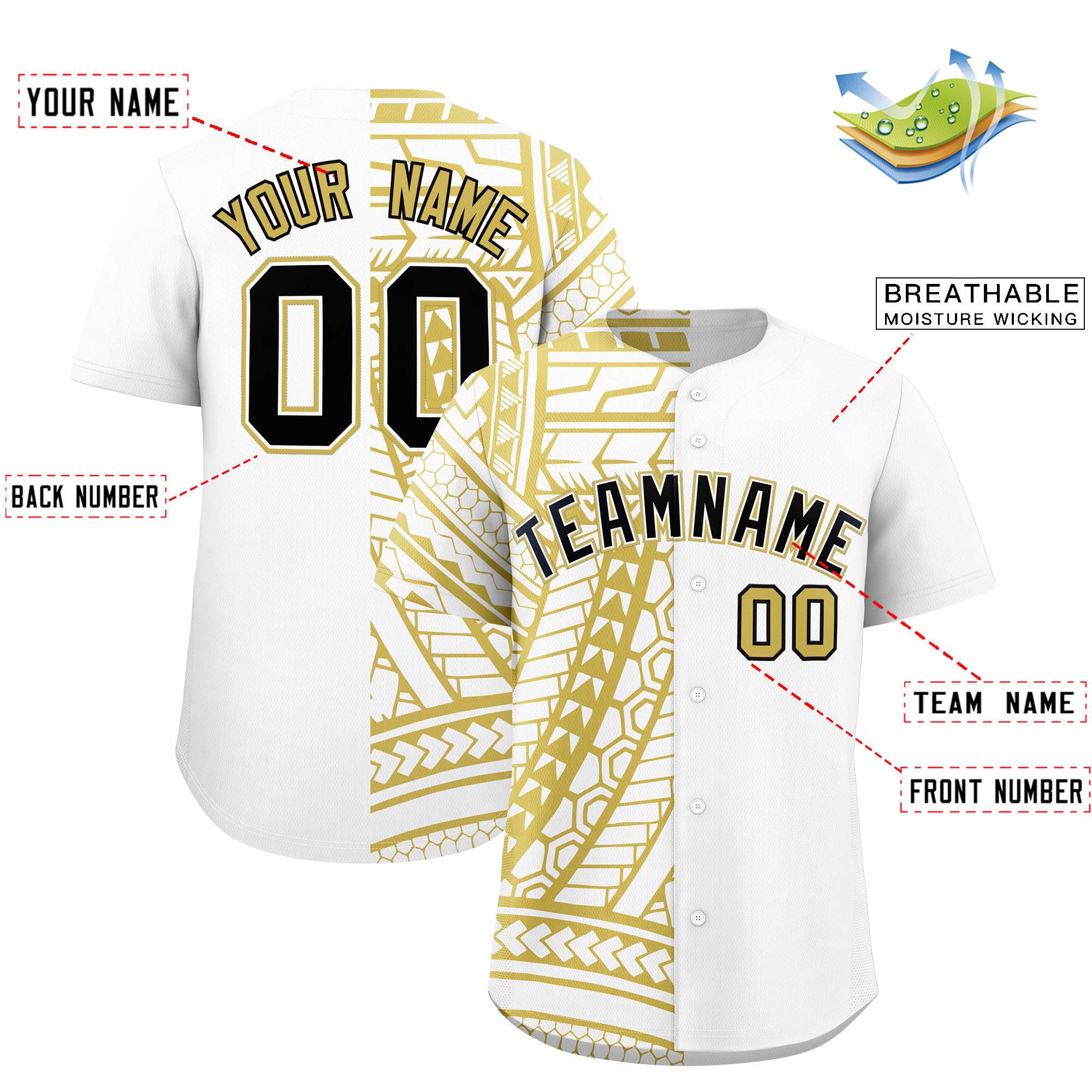 Custom White Old Gold Split Fashion Tribal Pattern Authentic Baseball Jersey