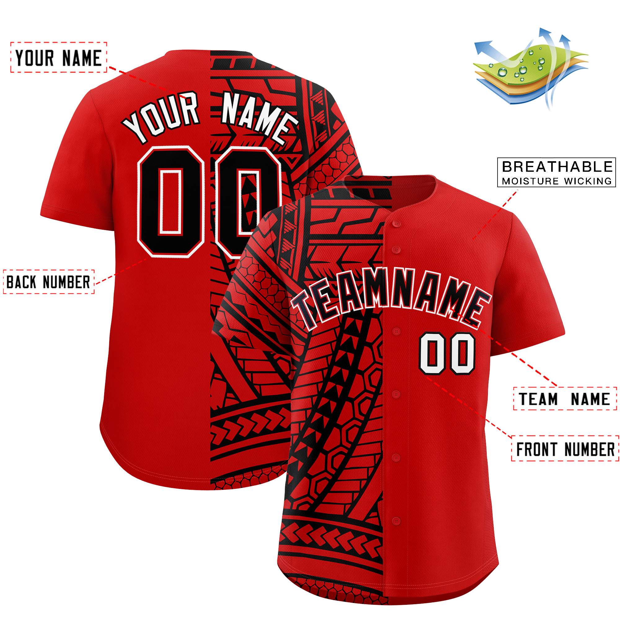 Custom Red Black Split Fashion Tribal Pattern Authentic Baseball Jersey