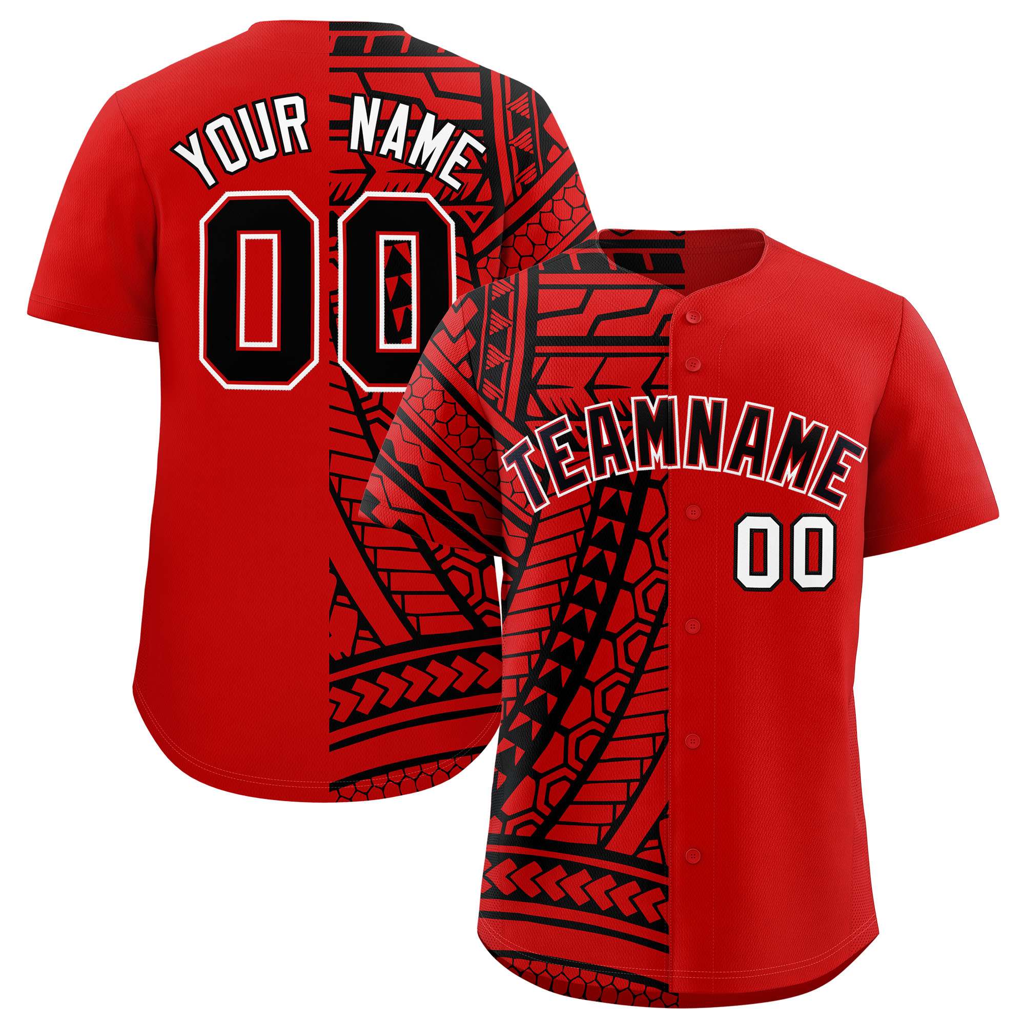 Custom Red Black Split Fashion Tribal Pattern Authentic Baseball Jersey