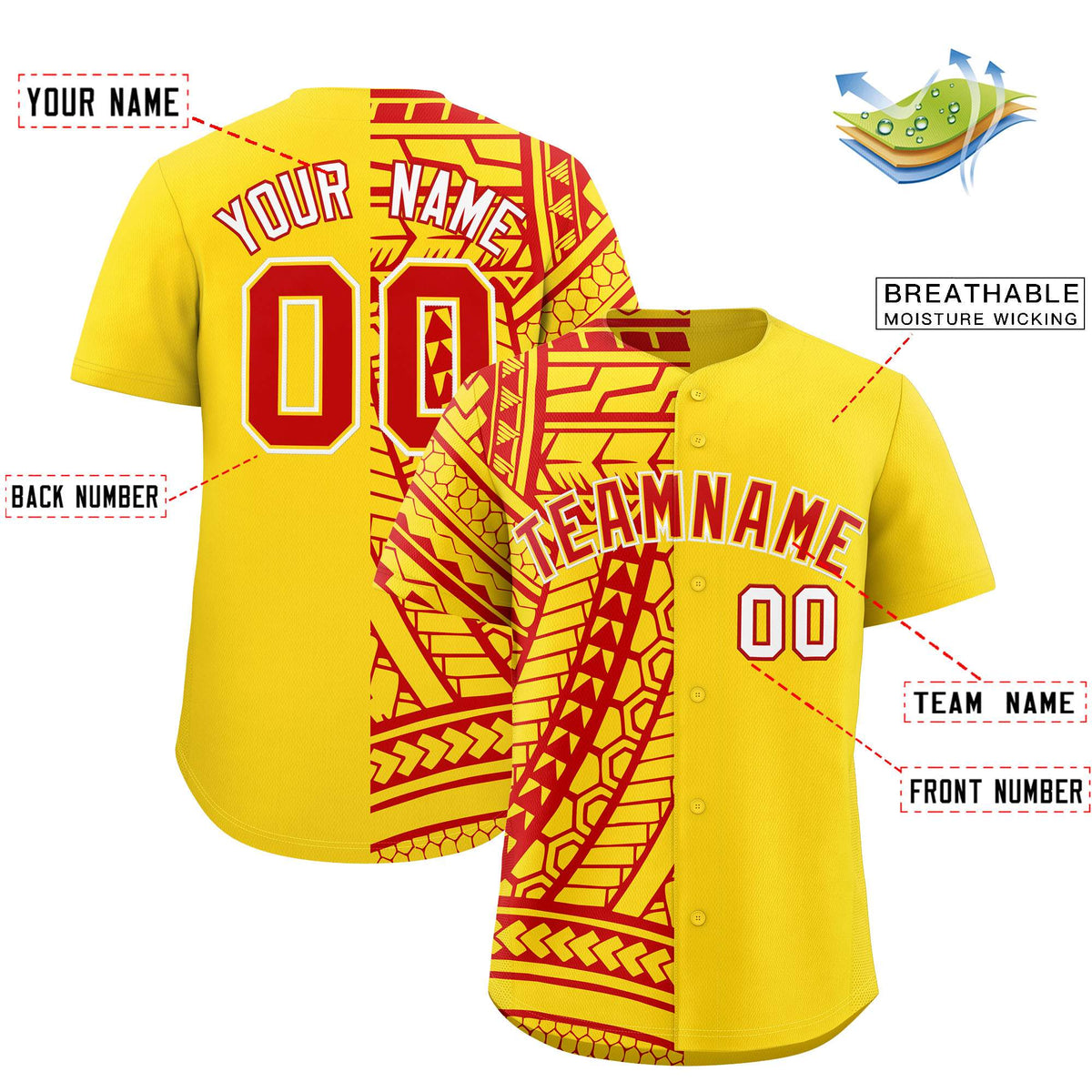 Custom Red Gold Split Fashion Tribal Pattern Authentic Baseball Jersey