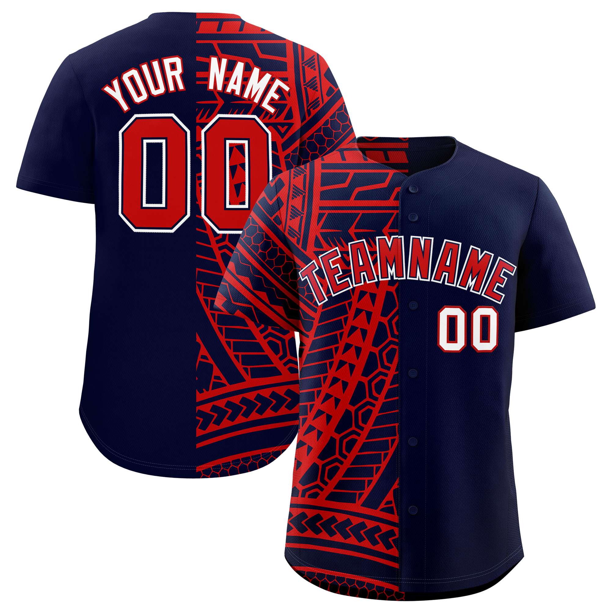 Custom Red Navy Split Fashion Tribal Pattern Authentic Baseball Jersey