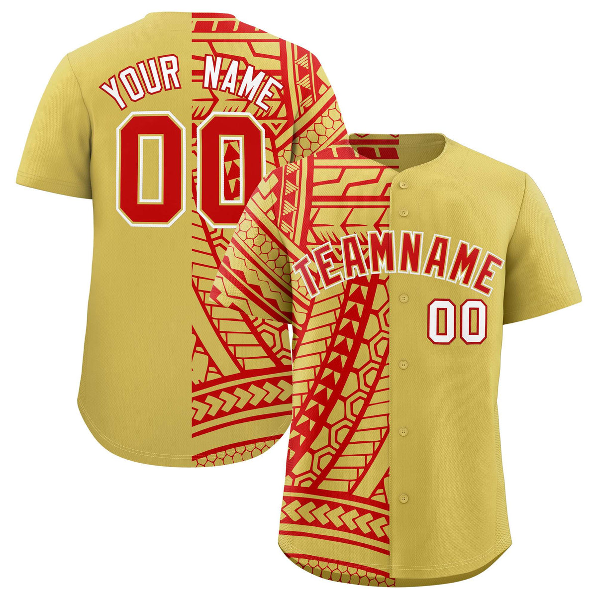 Custom Red Old Gold Split Fashion Tribal Pattern Authentic Baseball Jersey