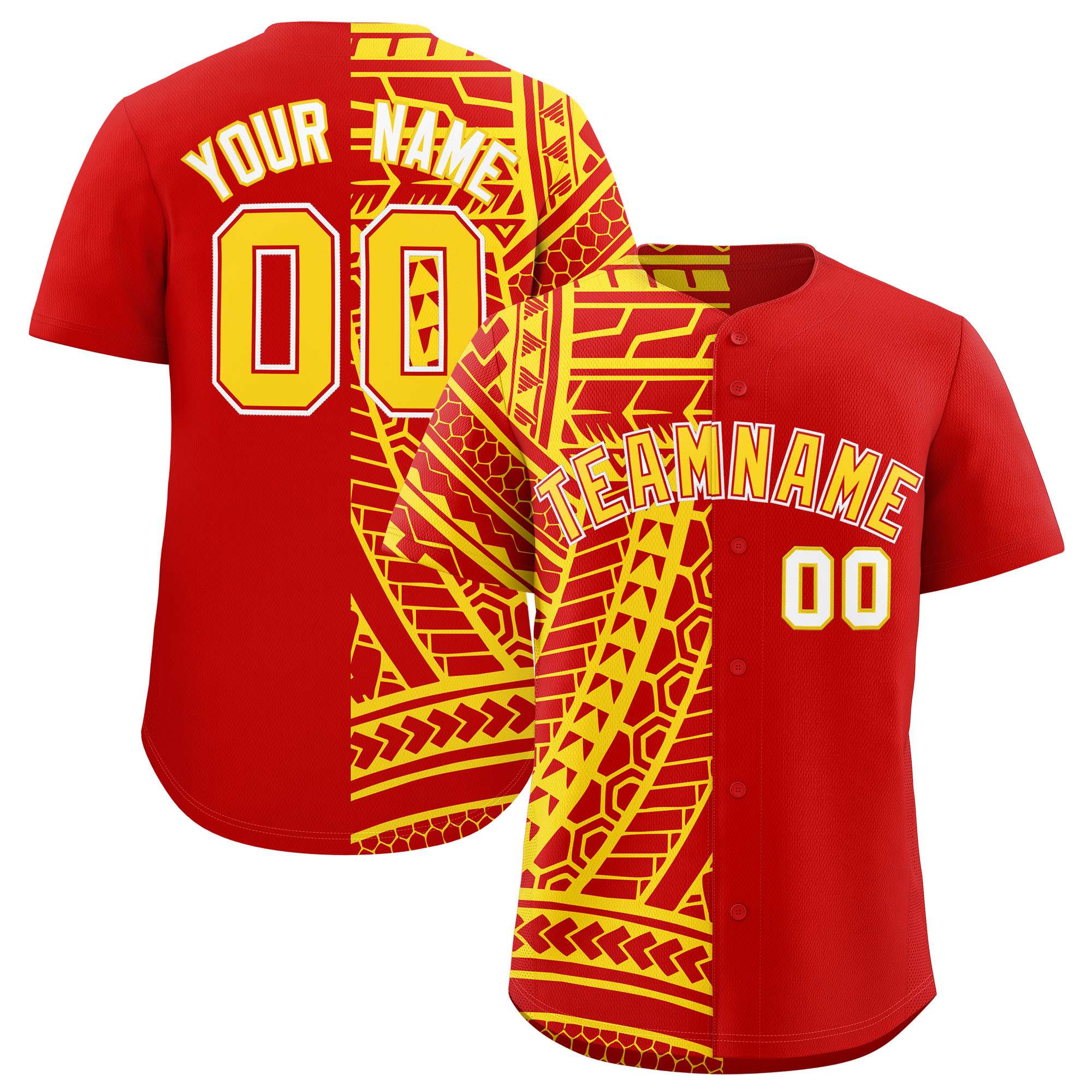 Custom Red Gold Split Fashion Tribal Pattern Authentic Baseball Jersey